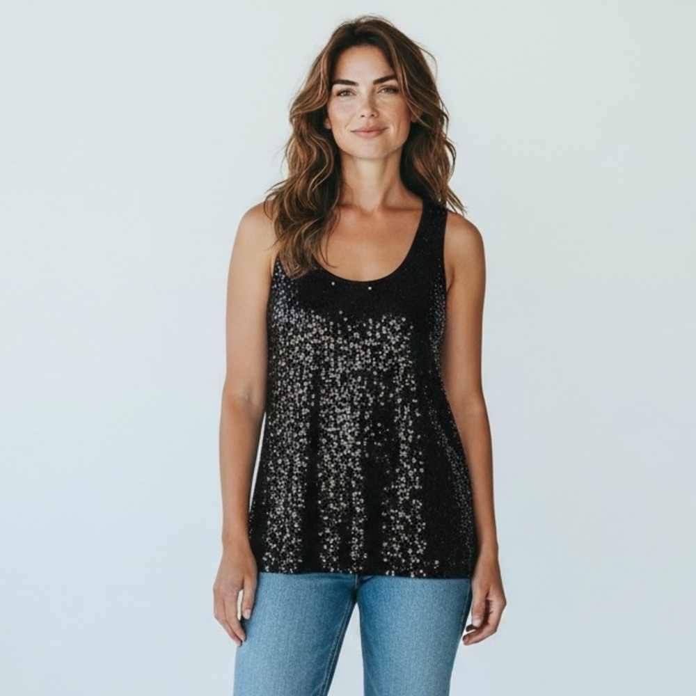 Calvin Klein Black Sequin Tank Top Size M ✨🖤 Glam Chic
